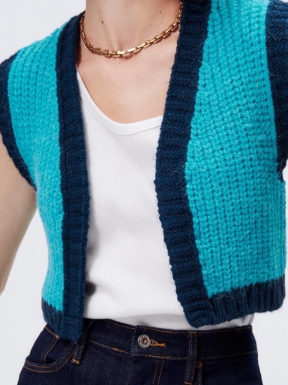 ZARA Turquoise and Navy Open Front Cropped Cardigan Sweater - Picture 3 of 11